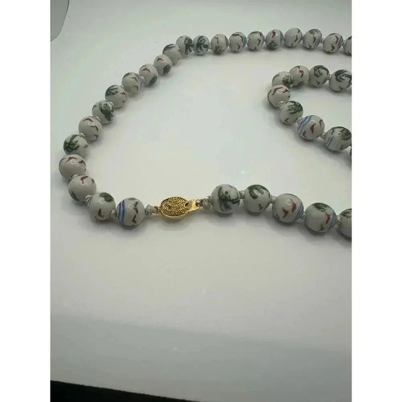 Vintage | Rare | Chinese porcelain hand painted necklace | palm trees & birds - Picture 9 of 15